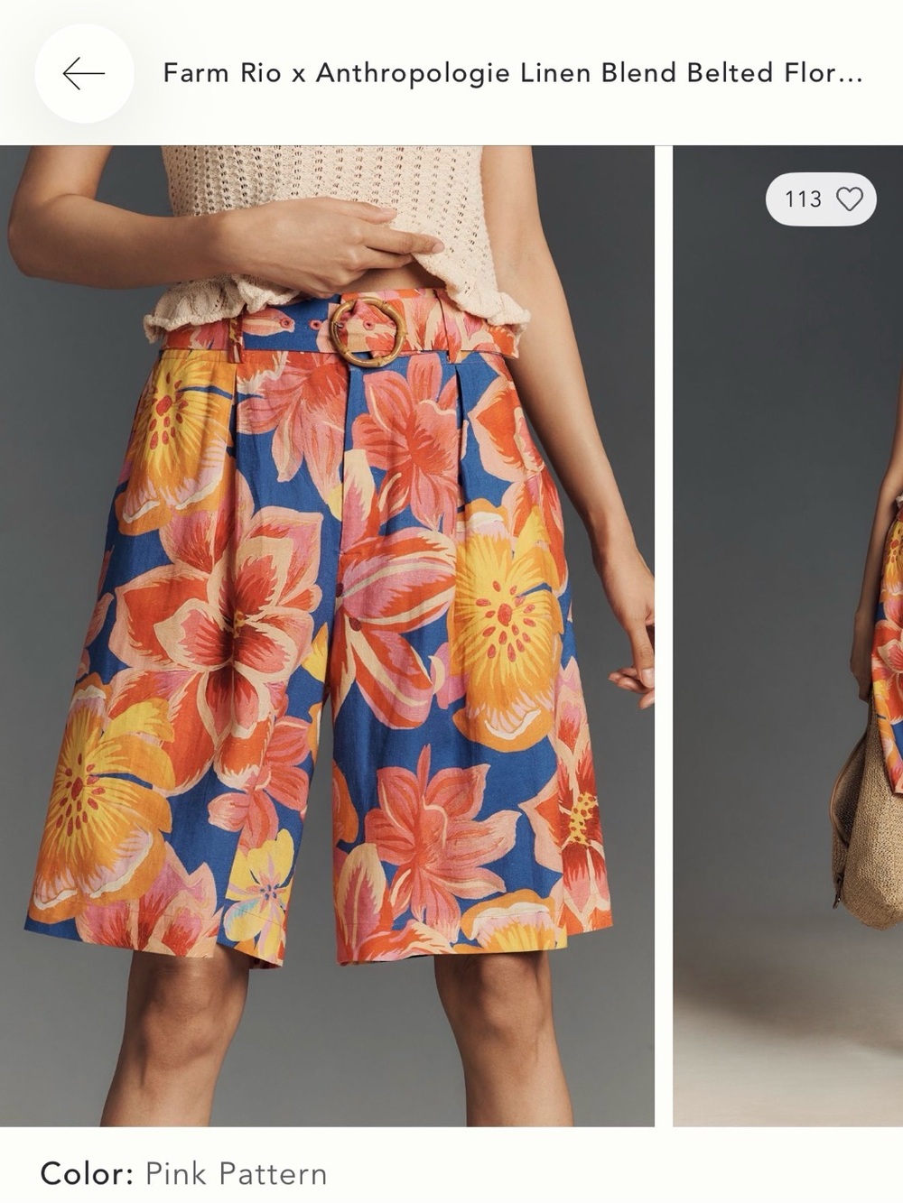 Farm Rio Floral Linen-Blend Belted Shorts  - Pink Pattern - NWT - Fits Small